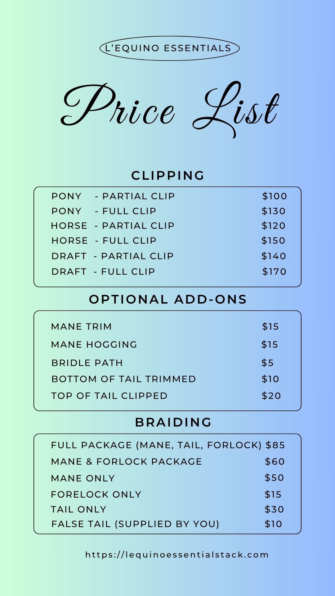 Price List for L'Equino Essentials Equine Clipping Services