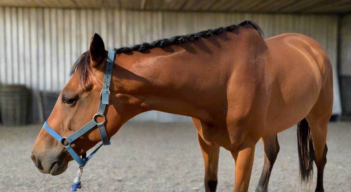 Bay thoroughbred with a braided mane by L'Equino Essentials Equine Braiding Service