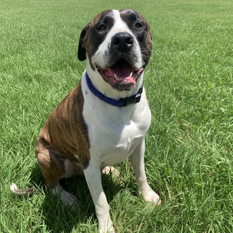 Dog with a blue collar sitting on green grass