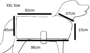Measurement chart for XXL size dog coat with dimensions labeled.