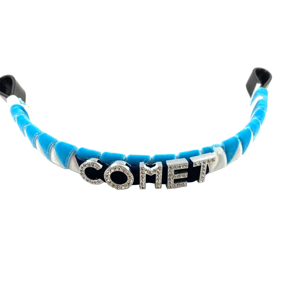 Browband with 'COMET' spelling out in letters on a blue and white striped band.