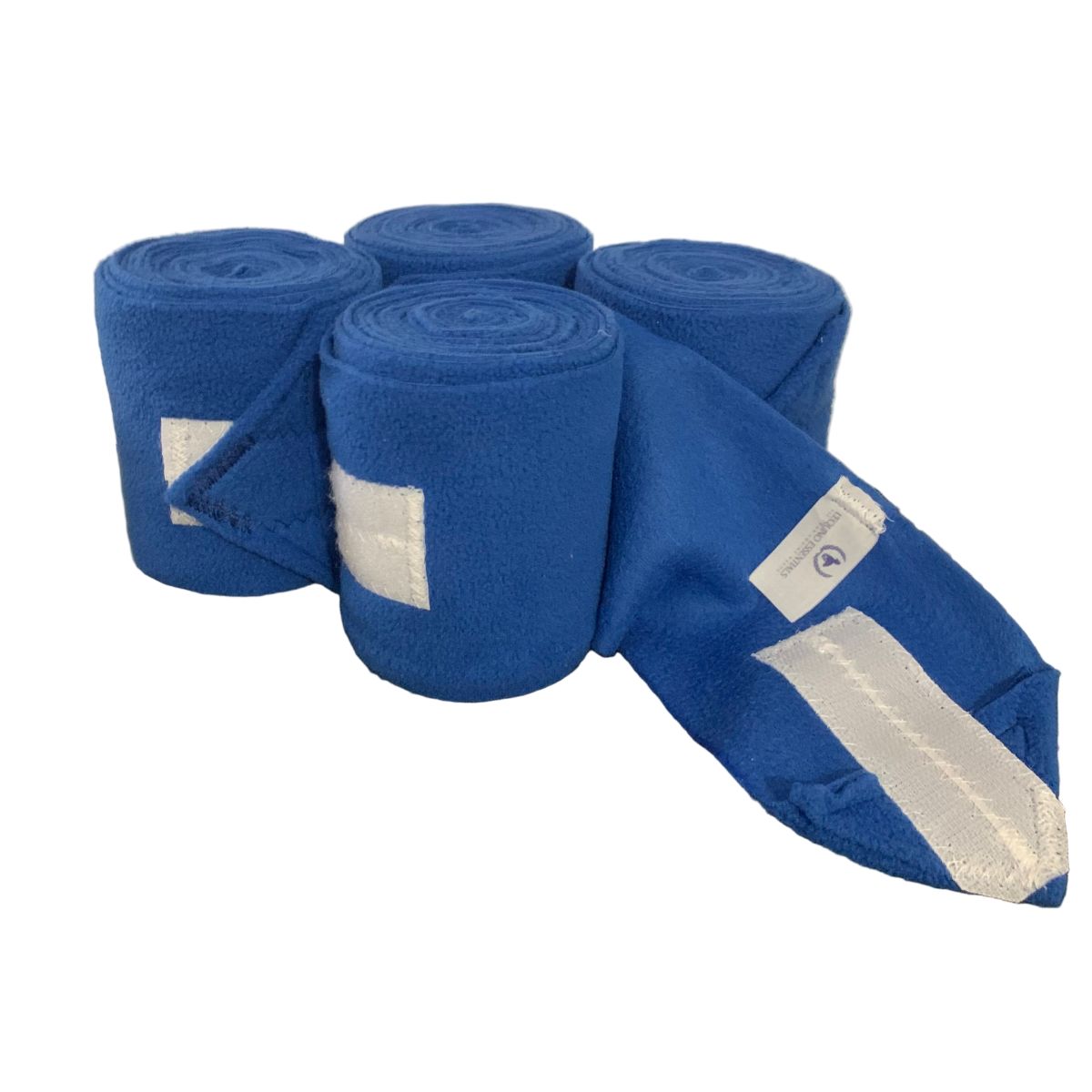 Four rolls of blue polo wraps made by L'Equino Essentials on a white background
