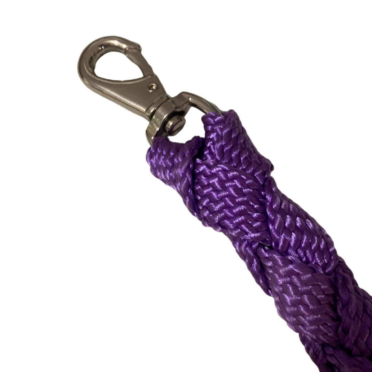Purple horse lead rope with a metal clip on a white background