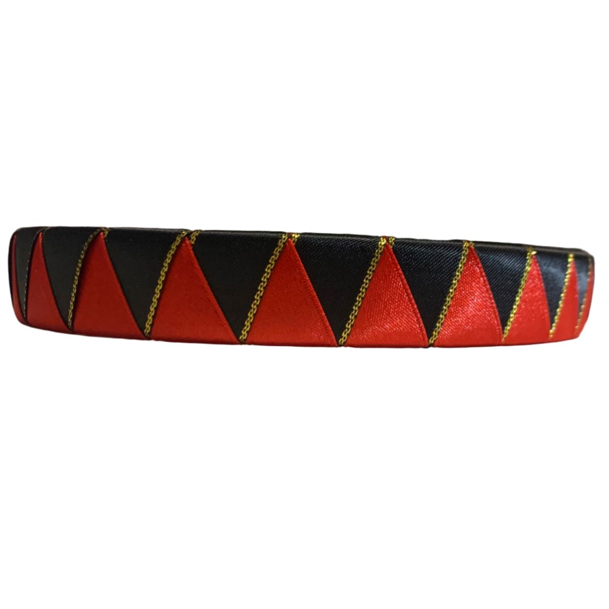 Red and black shark tooth browband with gold accents on a white background