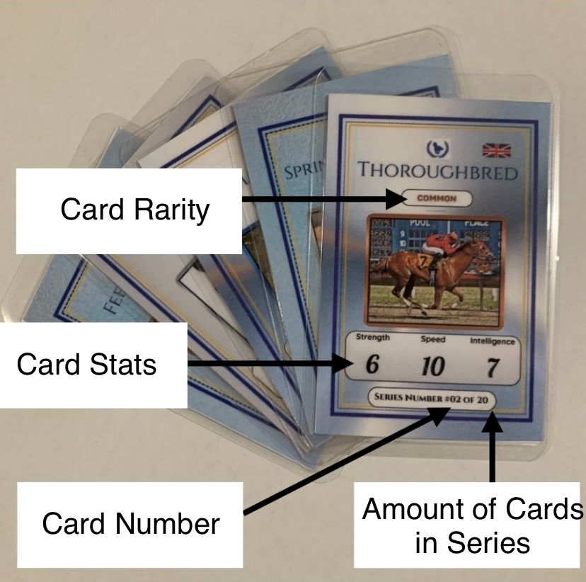 Collection of horse racing trading cards with labels pointing to card rarity, stats, number, and series information.