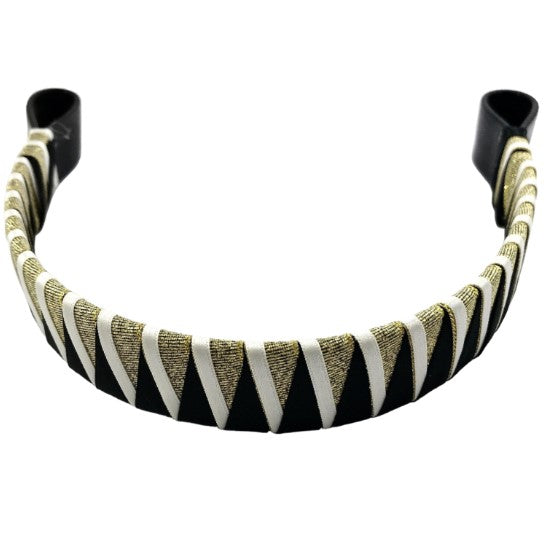 A gold, black and white ribbon browband made as a custom designed horse tack item from L'Equino Essentials
