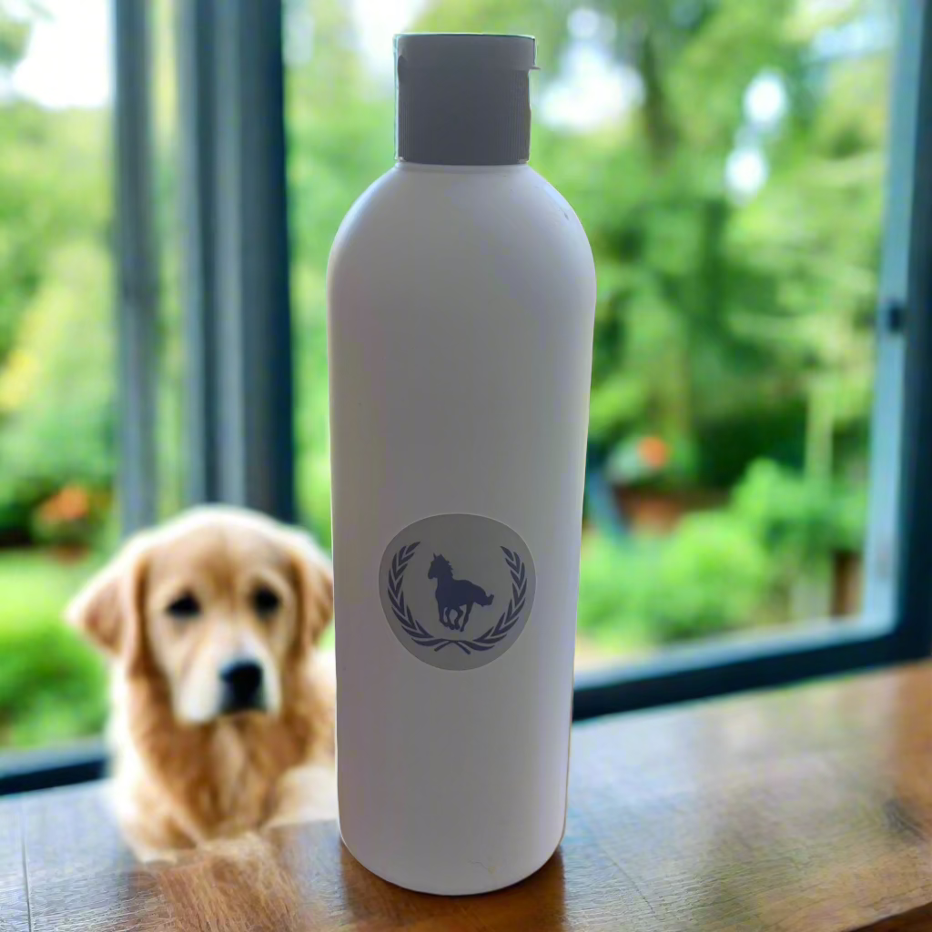 250ml bottle of L'Equino Essentials Dog Shampoo with golden retriever dog in the background