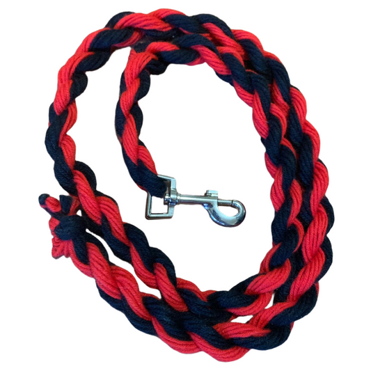 Full view of a red and black cotton lead rope