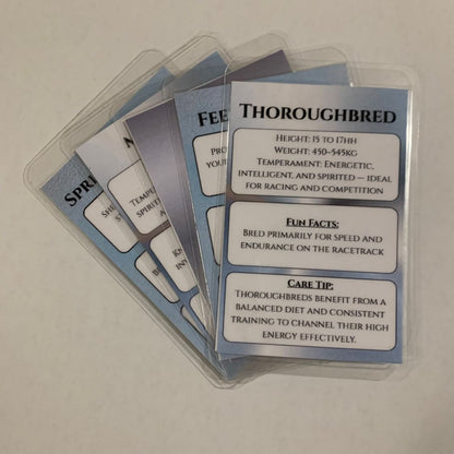 Set of cards with information about Thoroughbred horses on a plain background