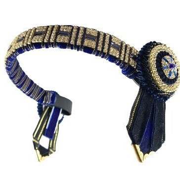 A black PVC browband adorned with blue crystals and a decorative rosette, designed for equestrian use.