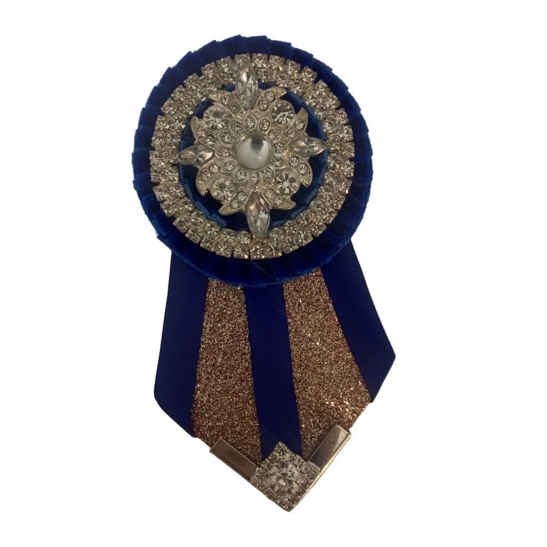 Removable rosette in blue with gold highlights and silver jewel centre on a white background made by L'Equino Essentials