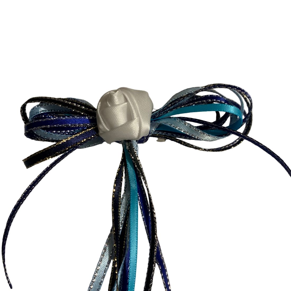 Bow with ribbons in black, blue, and silver on a white background