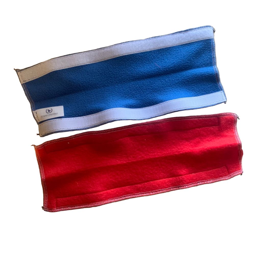 Blue and red fleece browband covers open showing inside and outside on a white background