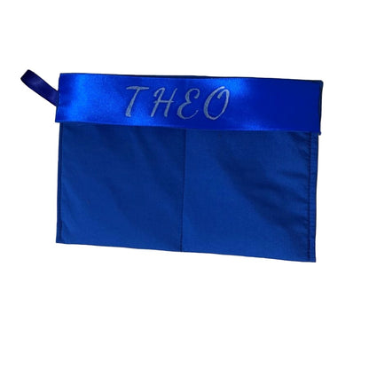 Blue pouch with 'THEO' printed on a white background