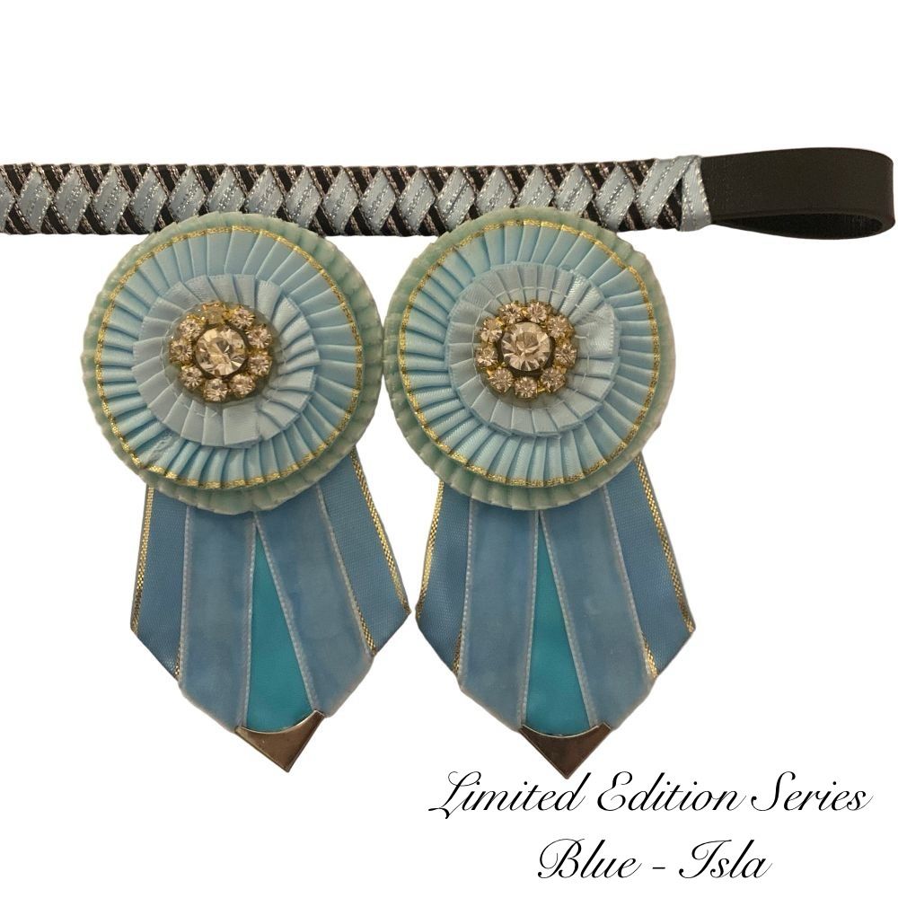 Show browband with removable rosettes limited edition series blue - Isla on a white background