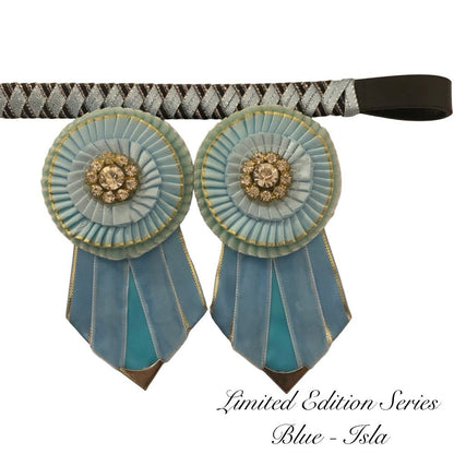 Show browband with removable rosettes limited edition series blue - Isla on a white background