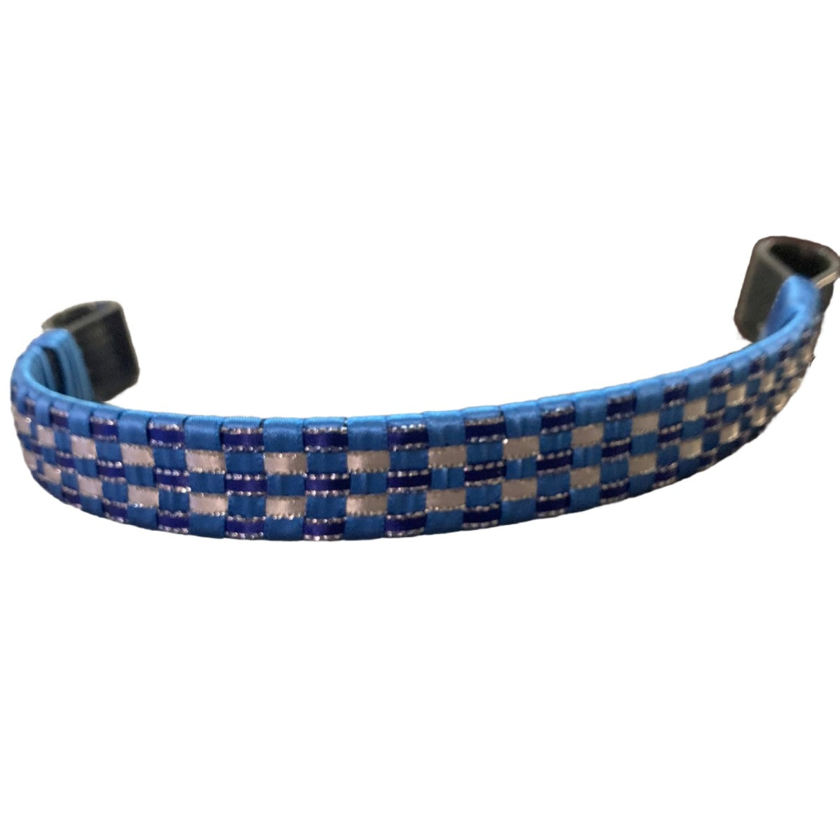 Blue and white checkerboard browband on a white background