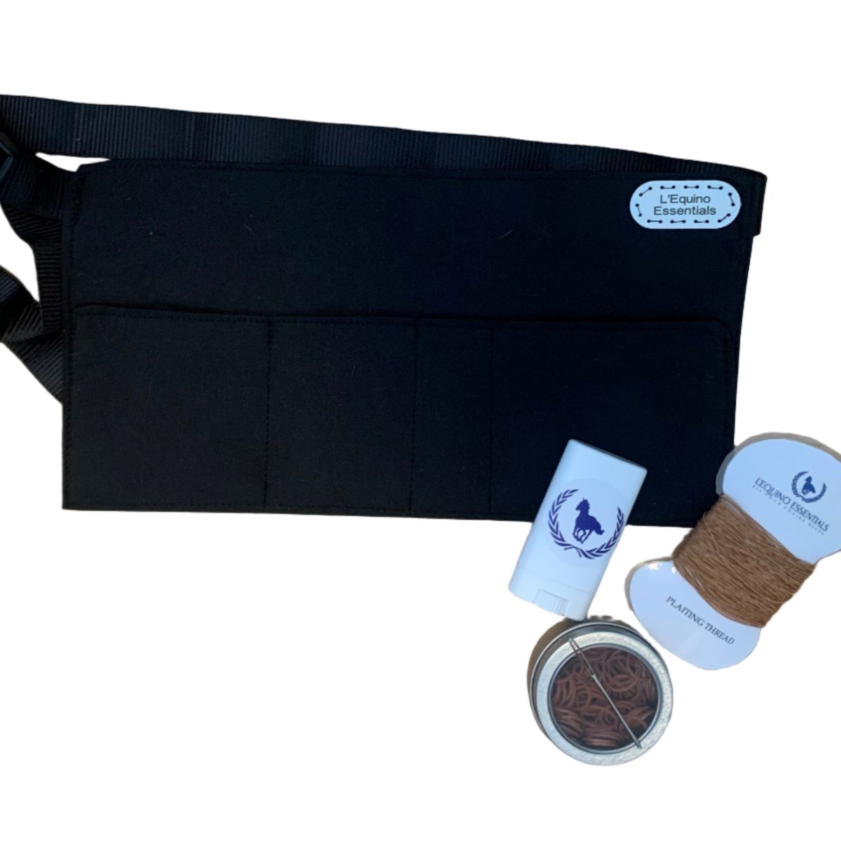 Black braiding apron with grooming products on a white background