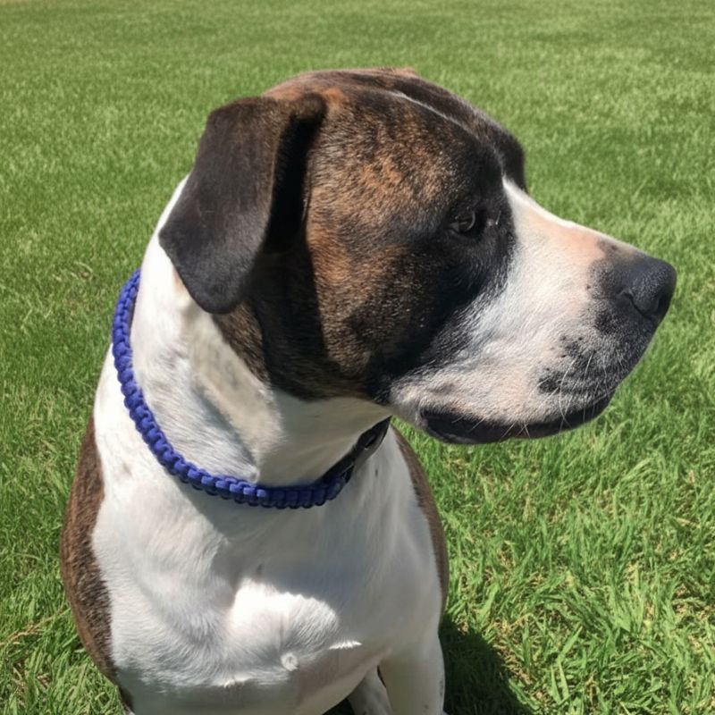 Dog with a blue collar made by L'Equino Essentials standing on grass
