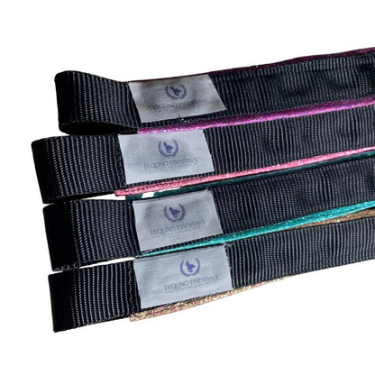 Four glitter browbands with labels on the back on a white background