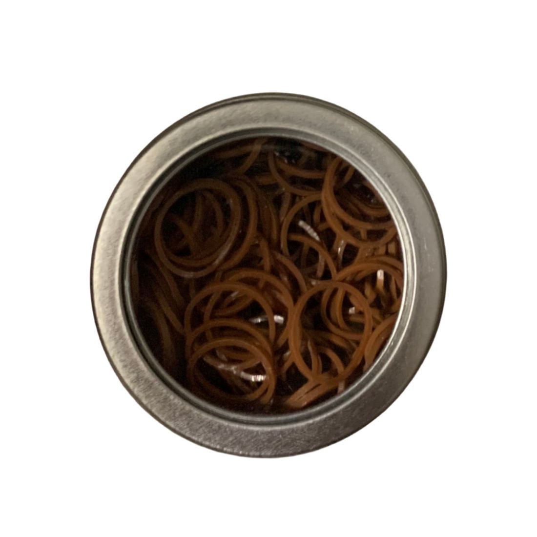 Metal container filled with brown rubber plaiting bands on a white background