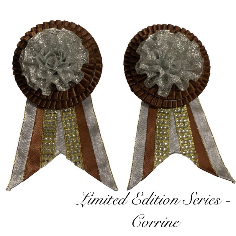 Two removable rosettes with brown and silver design on a white background, labeled 'Limited Edition Series - Corrine'.