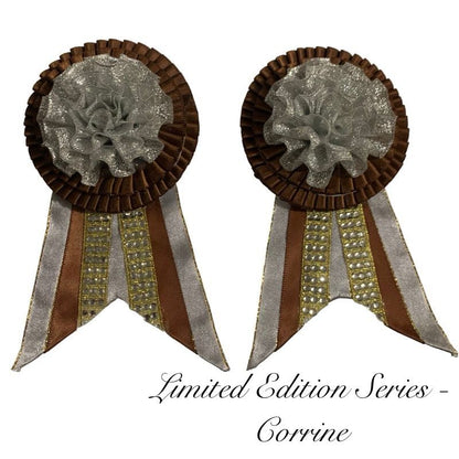 Two removable rosettes with brown and silver design on a white background, labeled 'Limited Edition Series - Corrine'.