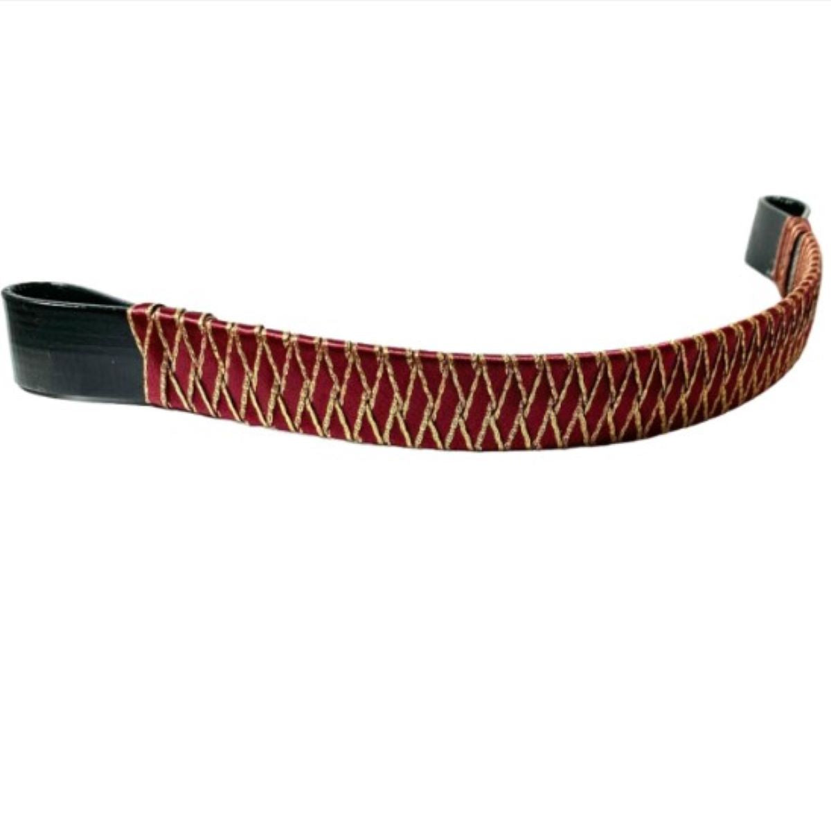 Burgundy and gold patterned browband on a white background