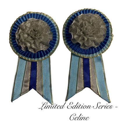 Blue and silver removable rosettes on a white background, featuring the name 'Celine'.