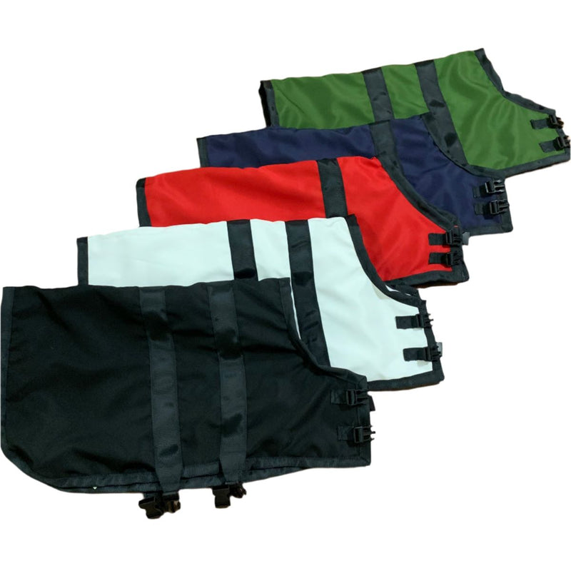 Set of five different colored dog coats on a white background