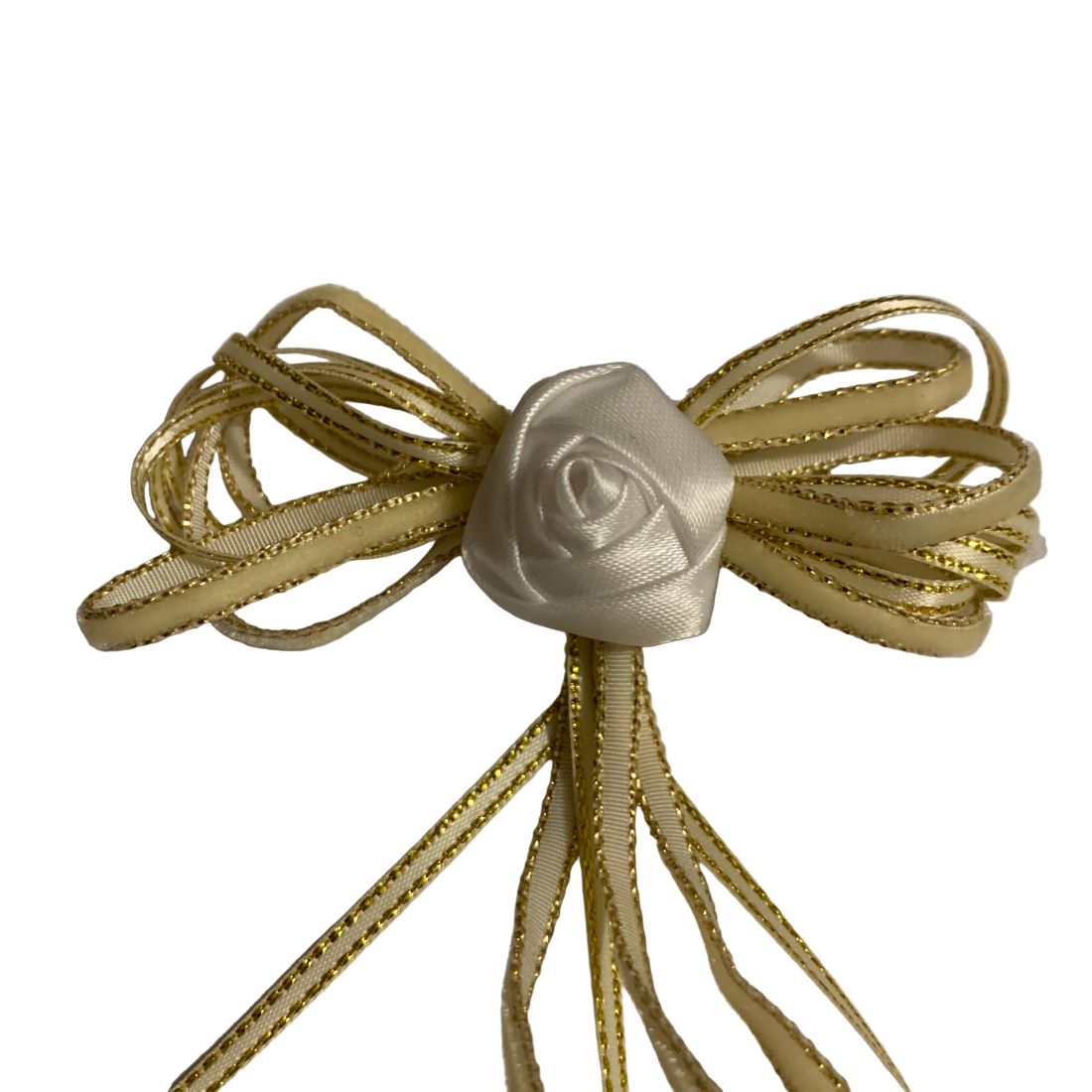 Gold bow with a white center on a white background