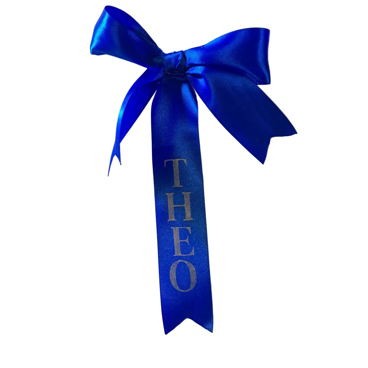 Blue ribbon custom tail bow with 'THEO' text on a white background 