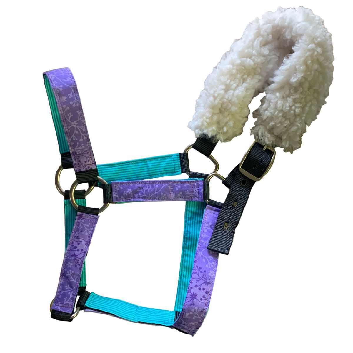 Horse halter with purple and blue straps and white fleece padding on a white background made by L'Equino Essentials