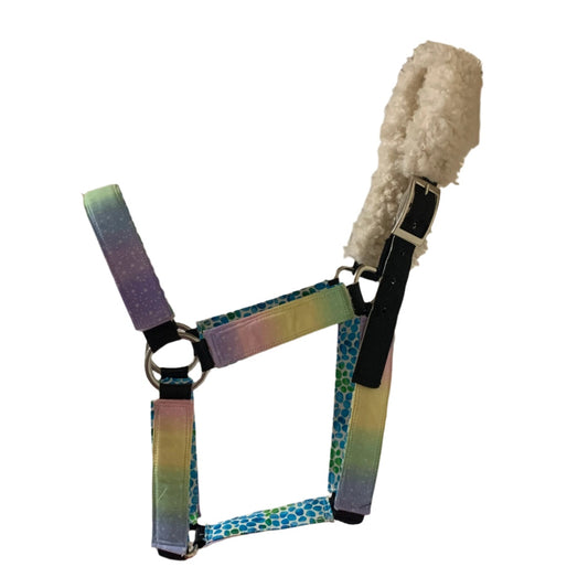 Colorful horse halter with a textured white strap on a white background
