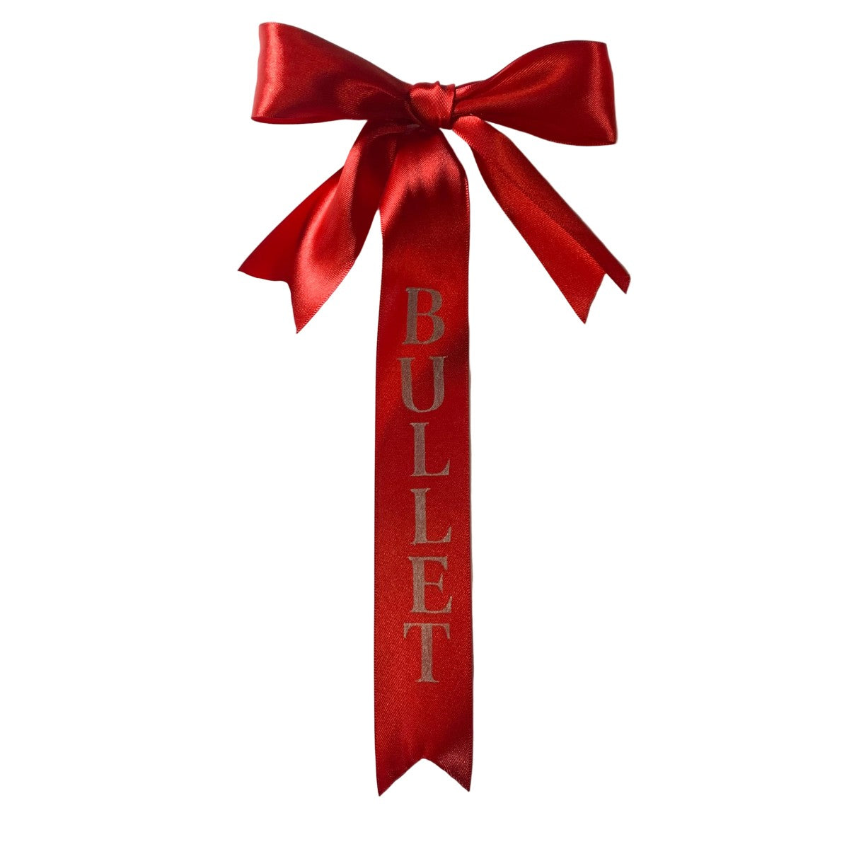 Red custom tail bow with 'BULLET' text on a white background