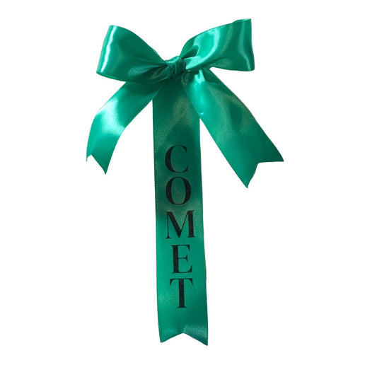 Turquoise tail bows with 'COMET' text on a white background