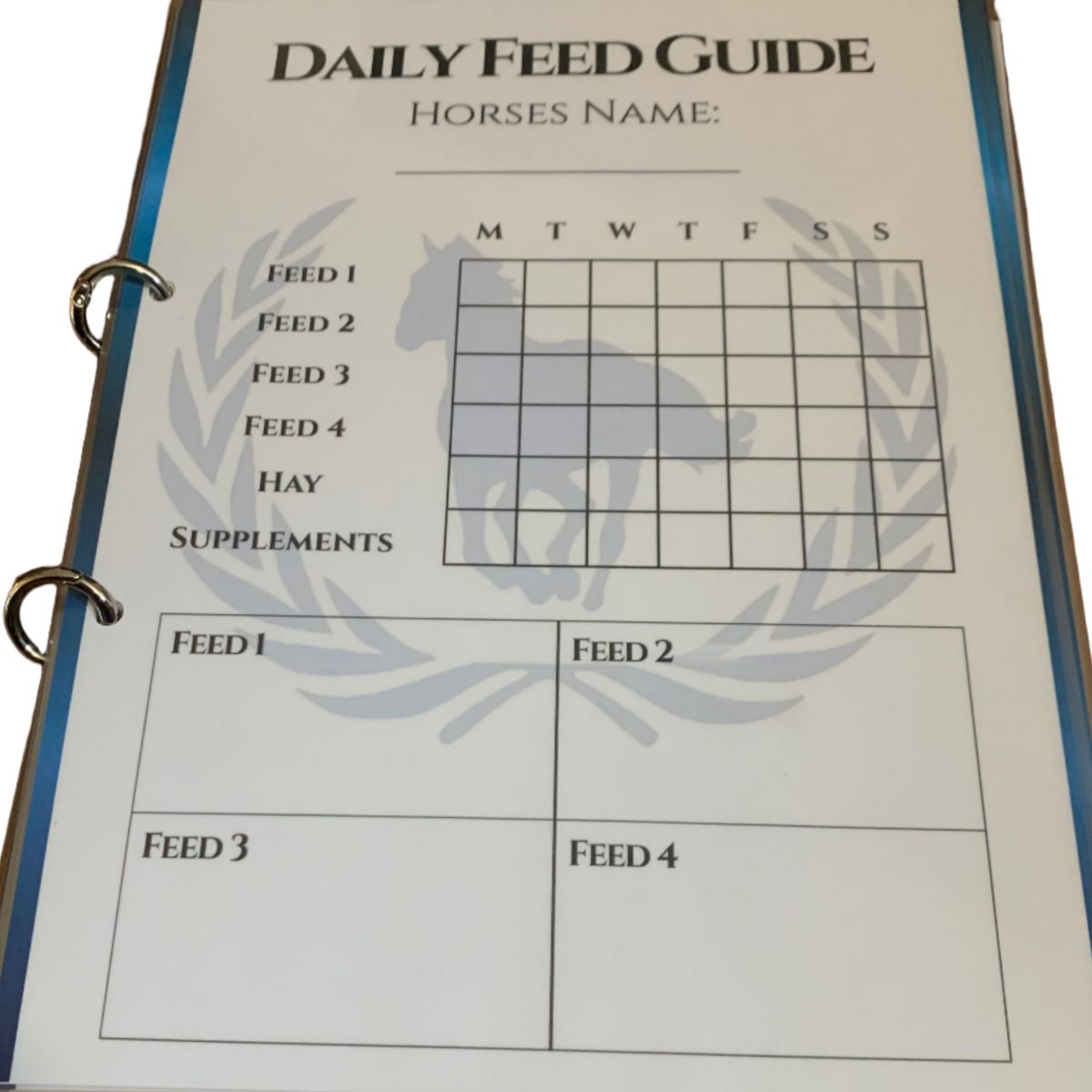 Daily feed guide for horses with a grid layout on a white background
