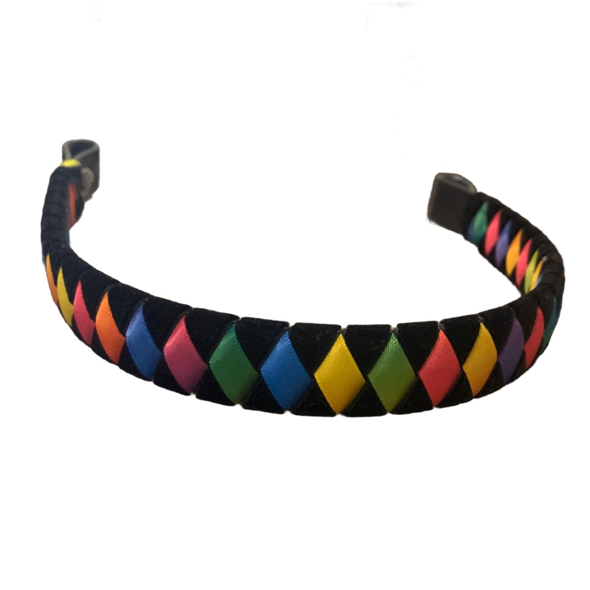 Colorful diamond ribbon browband with black diamond pattern on a white background