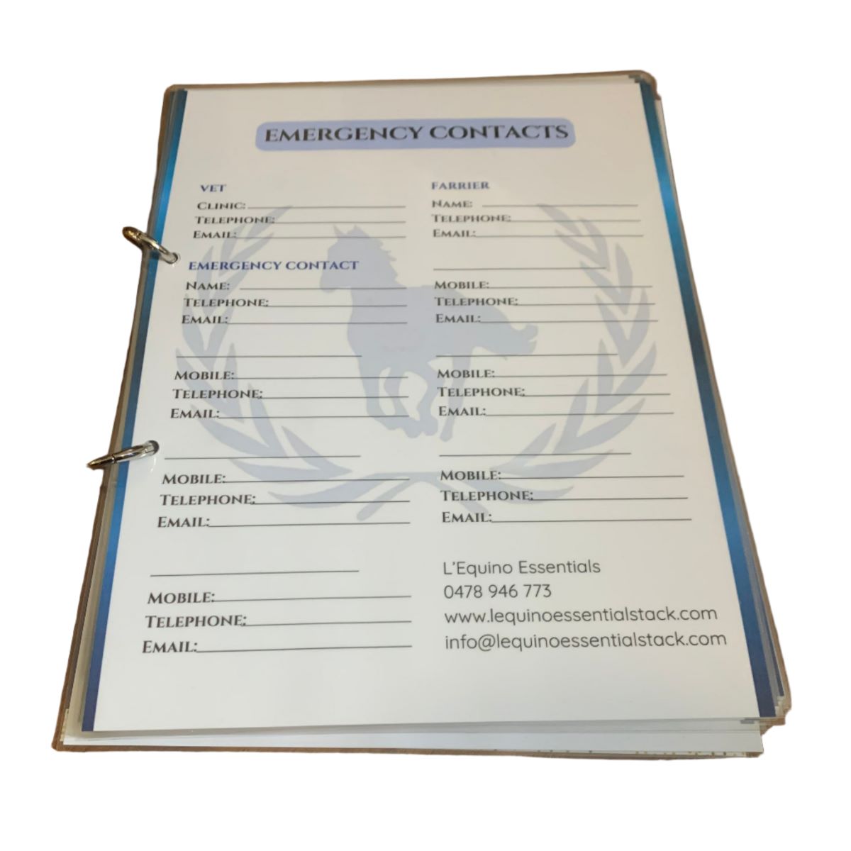 Emergency contacts organizer with pre-printed forms on a white background