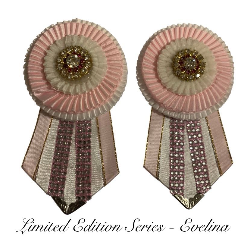 Pink and white removable rosettes made by L'Equino Essentials on a white background