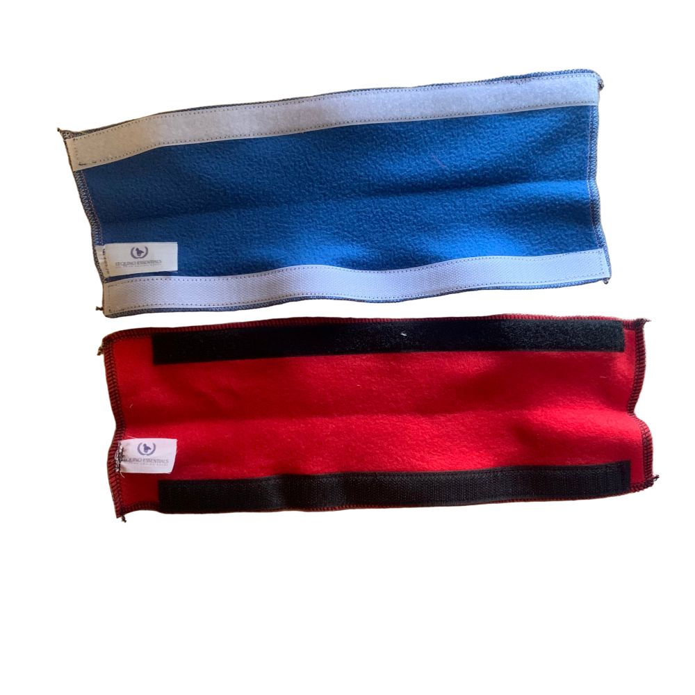 Inside image of red and blue fleece browband covers on a white background