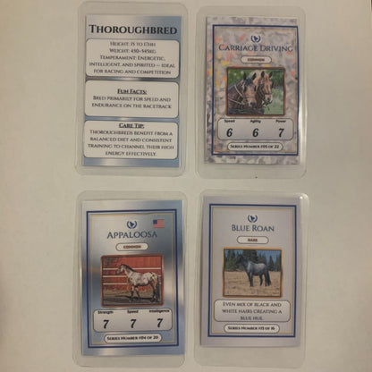 Four horse-themed cards on a white background