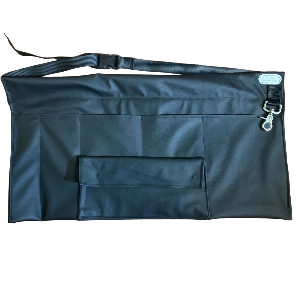 Black leather braiding apron with multiple pockets and strap on a white background