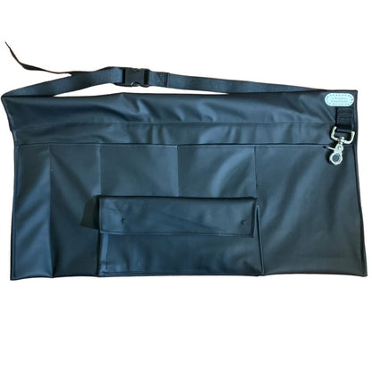 Black leather braiding apron with multiple pockets and strap on a white background