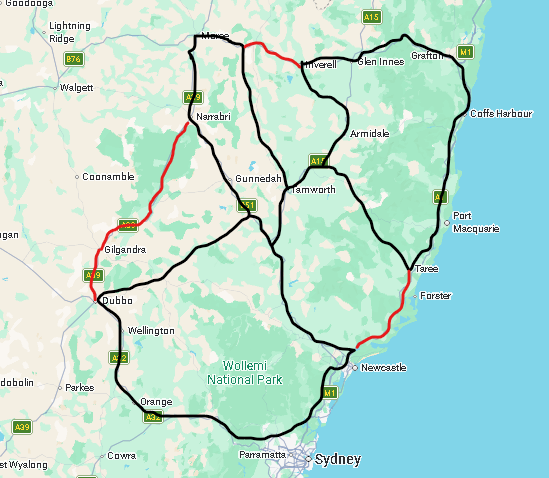 A map showing a scenic route around the Great Ocean Road in NSW, Australia, with black and red lines starting in Tamworth and tracing the path through towns like Armidale, and Dubbo, with Sydney nearby. The ap displays the total area regularly travelled by L'Equino Essentials for clipping appointments.