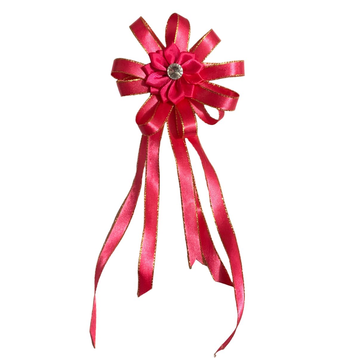 Red decorative hair bow with gold accents on a white background
