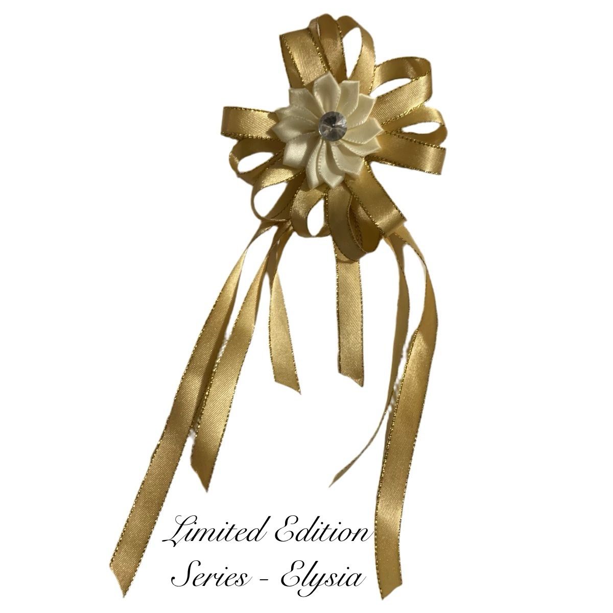 Gold ribbon bow with a flower-like center on a white background, labeled 'Limited Edition Series - Elysia'.
