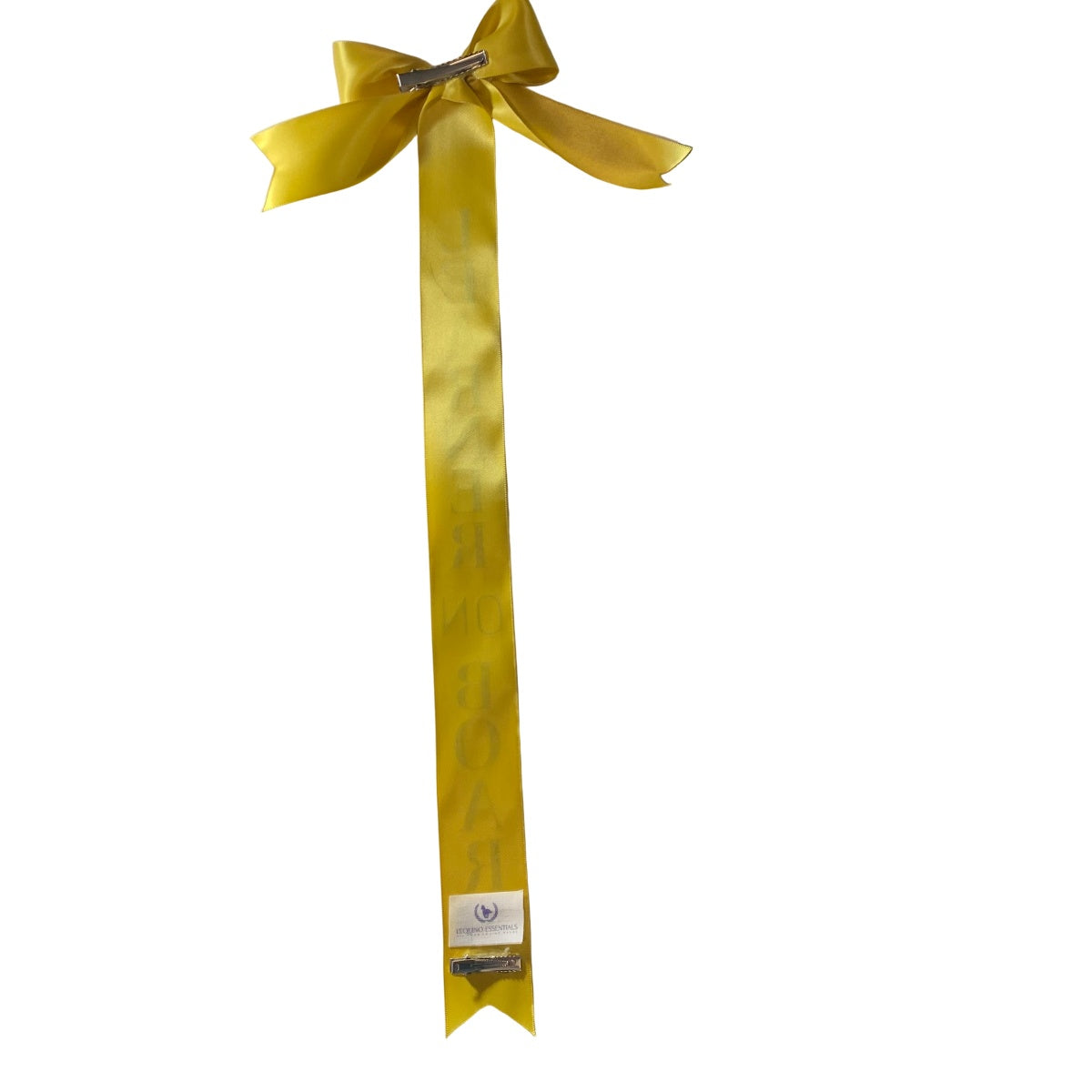 Gold ribbon with a decorative tail bow on a white background