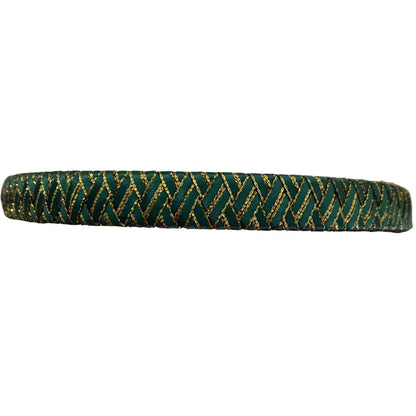 Green ribbon browband with gold zigzag pattern on a white background made by L'Equino Essentials