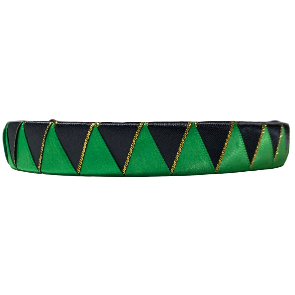 Green and black browband with gold accents on a white background
